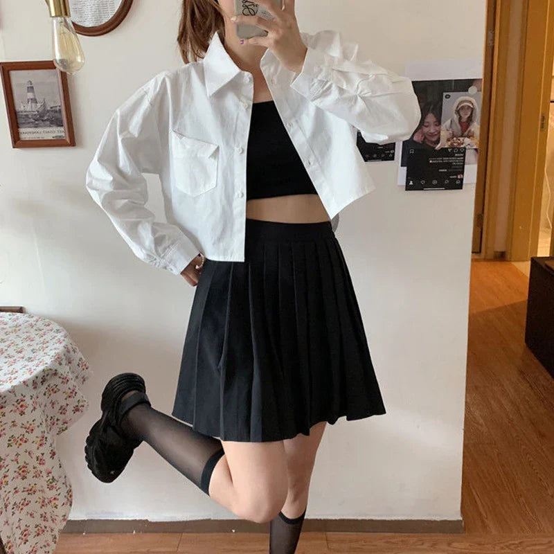 maoxiangshop White Shirt For Women 2024 Spring Summer Casual Wild Long Sleeve Crop Tops Female Japanese Style Student Pocket Cropped Blouses