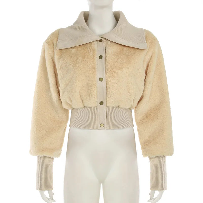 maoxiangshop - 2024 Winter Faux Fur Patchwork Jackets Women Turn Down Collar Long Sleeve Single Breasted Warm Crop Coats Top Street Outerwear