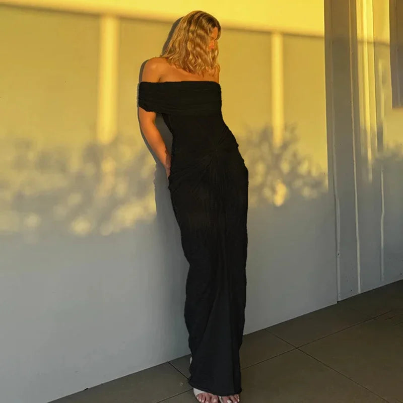 maoxiangshop - Elegant Textured One-shoulder Ruched Dress For Women Autumn New Sleeveless Tube Top Maxi Dress Lady Holiday Party Clothes