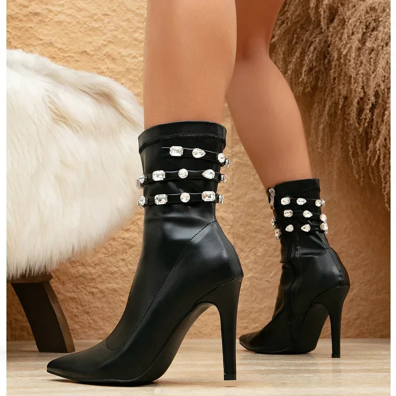 maoxiangshop - Fashion Crystal Diamond Ankle Boots Women Spring Winter Sexy Pointed Toe Thin High Heels Zip Soft Leather Chelsea Botas Mujer