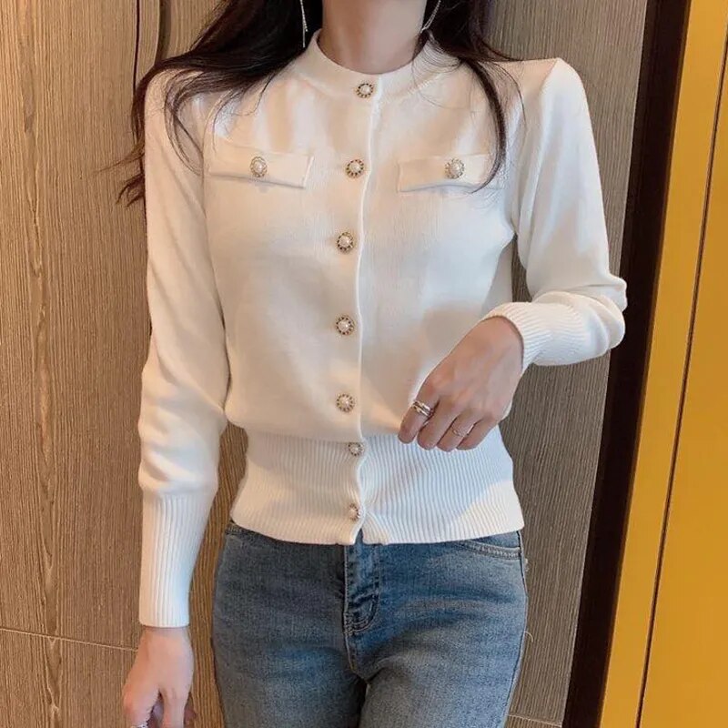 maoxiangshop Fashion Women Cardigan Sweater Spring Knitted Long Sleeve Short Coat Casual Single Breasted Korean Slim Chic Ladies Top