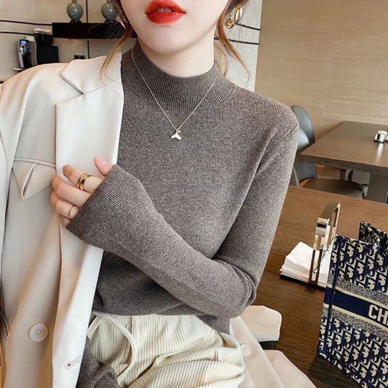 maoxiangshop Fashion Solid Color Turtleneck Women Autumn Winter Knitted Sweaters Basic Primer Pullovers Korean Sweater Slim-fit Pullover