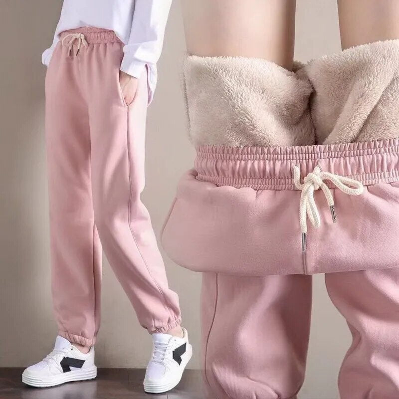 maoxiangshopWinter Thick Fleece Leggings Women Casual Harlan Pants Versatile Straight Pants Trendy Ankle-Length Trousers Warm Sweatpant