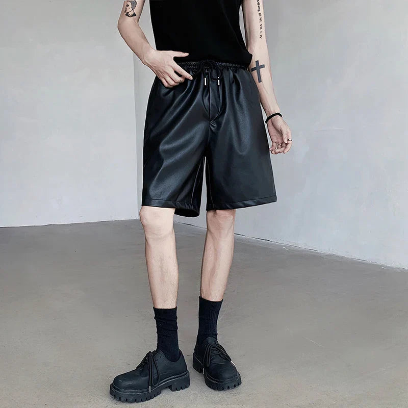 maoxiangshop Summer Leather Shorts Men Fashion Black Motorcycle Shorts Mens Streetwear Hip-hop Loose Leather Shorts Men Casual Shorts M-2XL