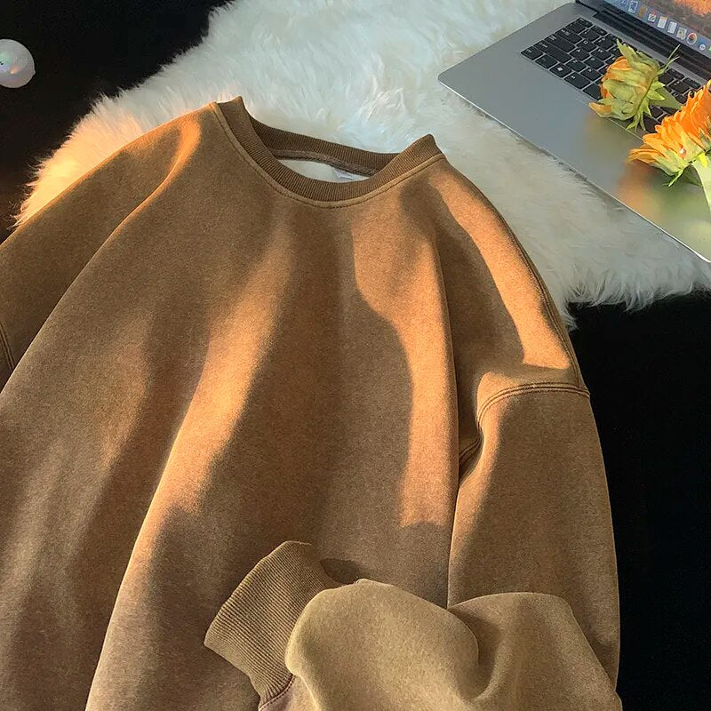 maoxiangshop American Washed Old Pullovers Sweatshirts Men Loose Solid Color Autumn Large Size Warm O Neck Tops Hip Hop Y2k Sweatshirt