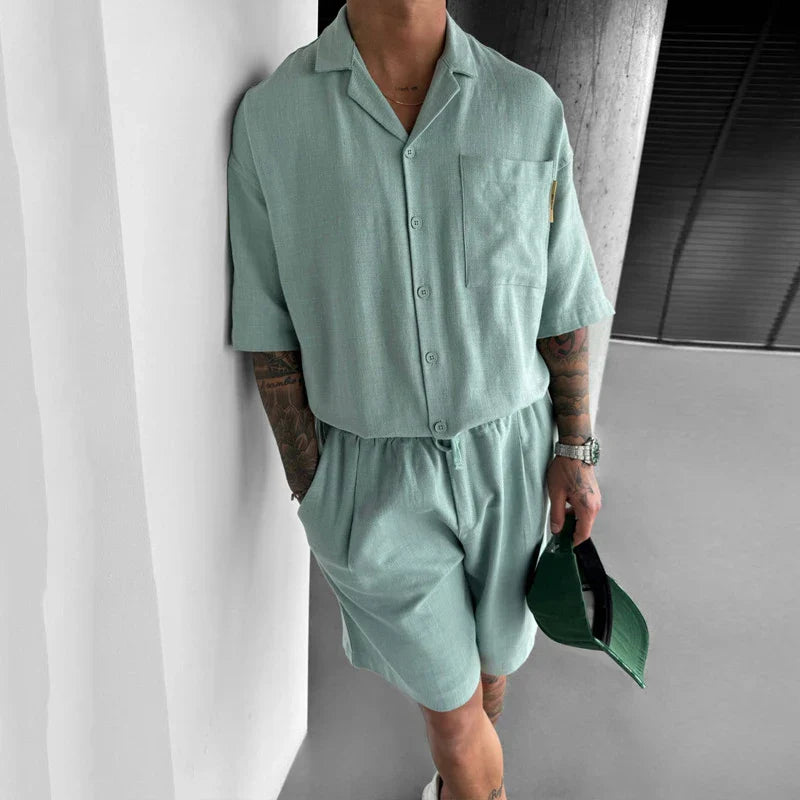 maoxiangshop Streetwear Vintage Mens Shirts Two Piece Outfits Fashion Solid Color Suits Loose Pocket Short Sleeve Shirt And Shorts Men Sets