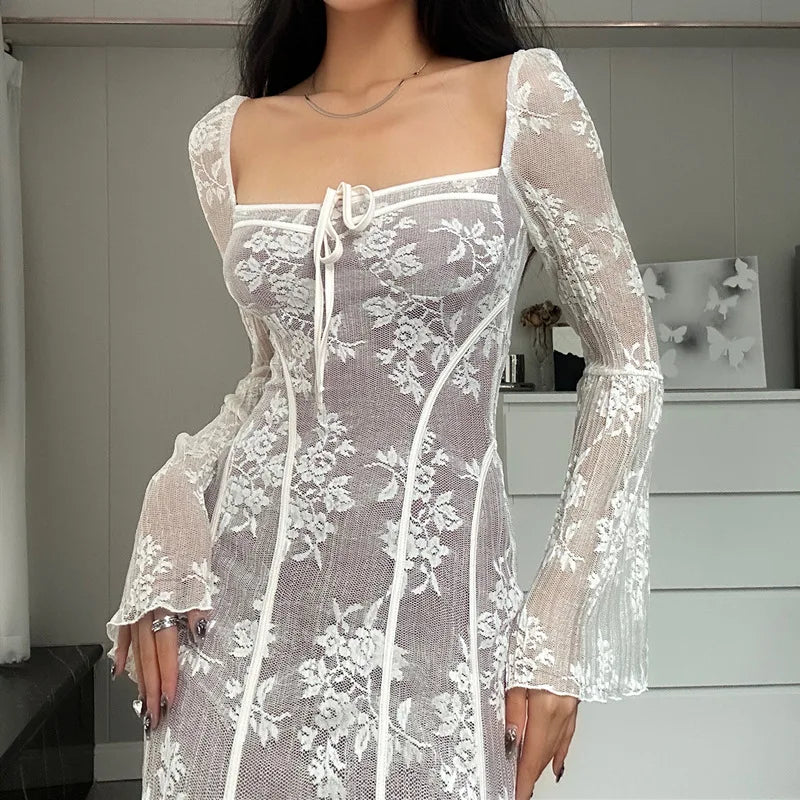 Vintage Lace Long Dress for Women Fashion Elegant Flare Sleeve Square Collar Pleated Dresses Vacation Beach Party Ladies Outfits