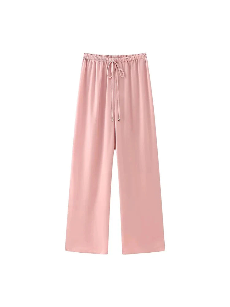 maoxiangshop - Spring Summer Women's 2024 New Elegant Satin Feeling Loose Trousers Cute Lady Fashion Drawstring Waist Straight Pink Long Pants
