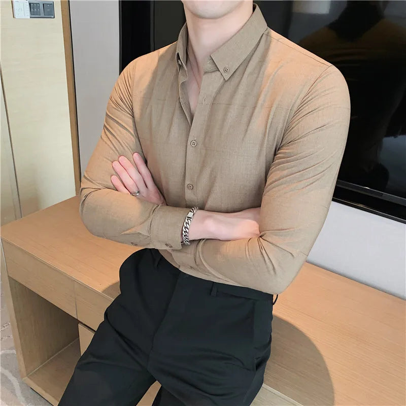 maoxiangshop British Style Men Long Sleeved Shirt Autumn Anti-wrinkle Soft Solid Casual Elastic Slim Fit Camisas Y Blusas Men Clothing