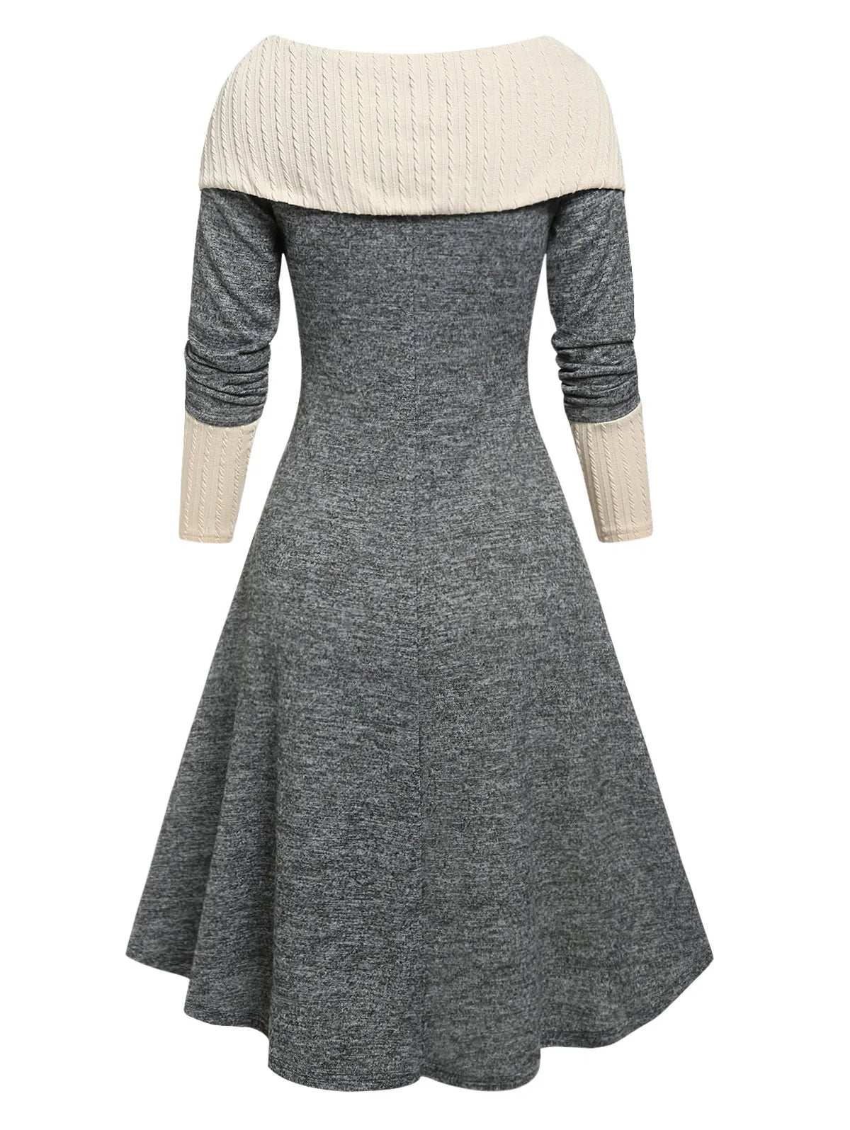 maoxiangshop Colorblock Lace Up Foldover Dress Two Tone Knitted Fashion Daily A-Line Boat Neck Long Sleeves Midi Robe For Women Fall Spring