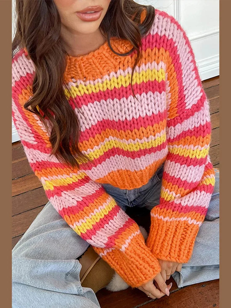 maoxiangshop - Casual Knitted Striped Pullover Sweaters Women Vintage Loose Contrast Color O-neck Sweater Female Autumn Chic Thick Streetwear