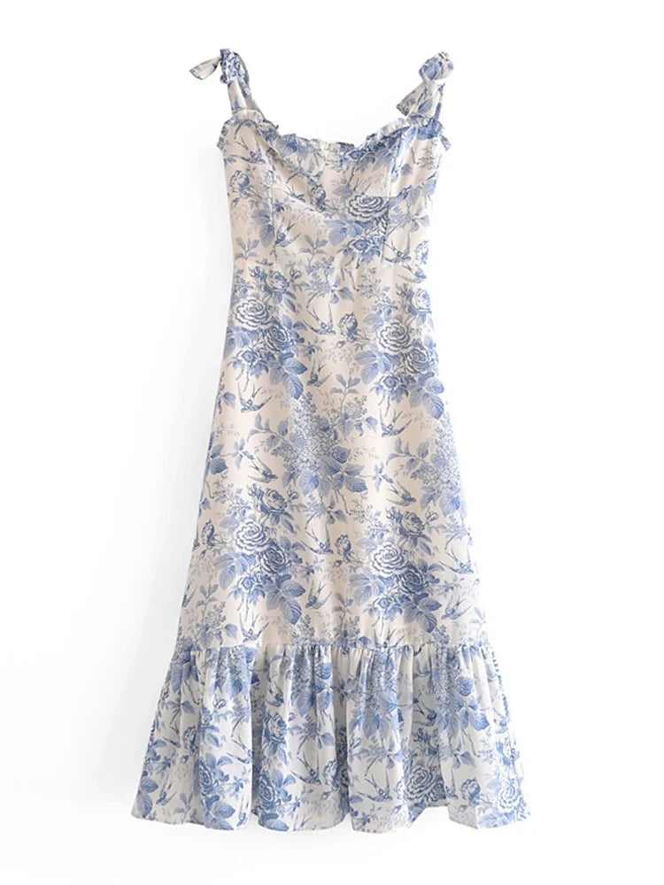 2022 Summer New Lace Up Bowknot Strap High Waist French Vintage Printed Ruffle Dress Female Fashion Midi Dresses Women
