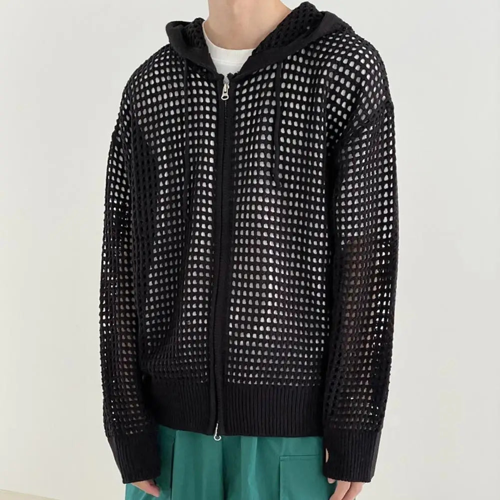 maoxiangshop Hollow Design Men Jacket Hooded Hip Hop Cardigan Stylish Men's Winter Jacket with Hollow Out Design Zipper Closure Men Hooded