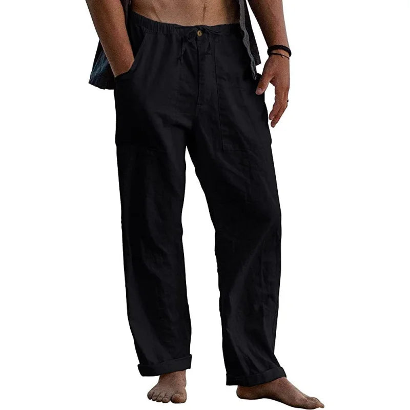 maoxiangshop New Men's Cotton Linen Pants Summer Solid Color Breathable Linen Trousers Summer elastic waist drawstring loose pants