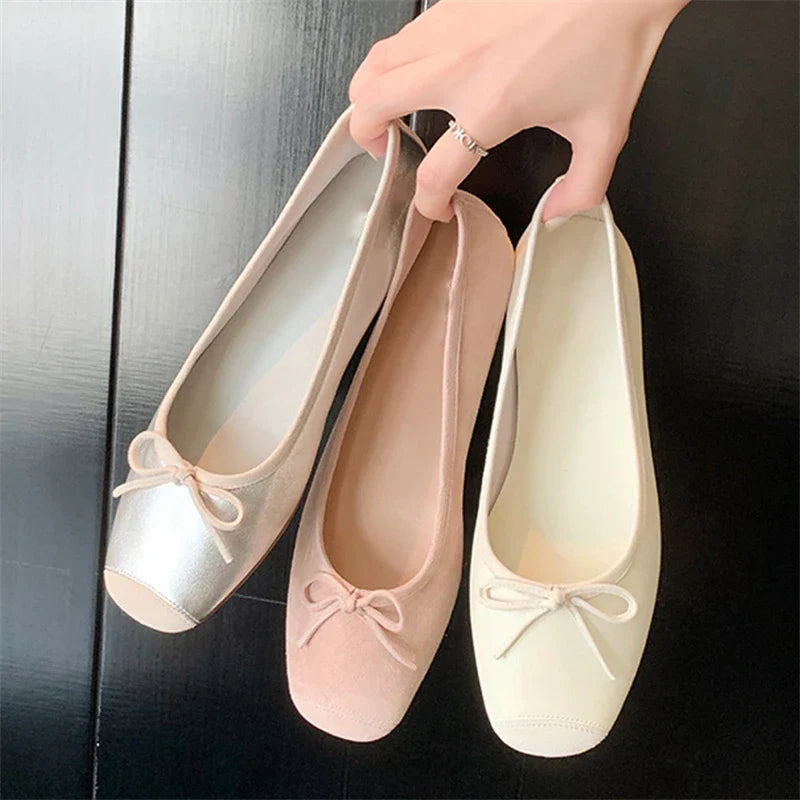 maoxiangshop - Breathable Silk Ballerinas Ballet Flats Women Summer Autumn Slip on Loafers Square Toe Bowknot Flat Casual Shoes