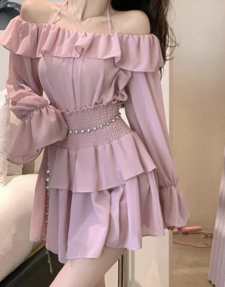 maoxiangshop Two Piece Sets Womens Outifits New Fashion Casual Long Sleeve Chiffon Tops Chic Solid High Waisted Mini Skirt Sets