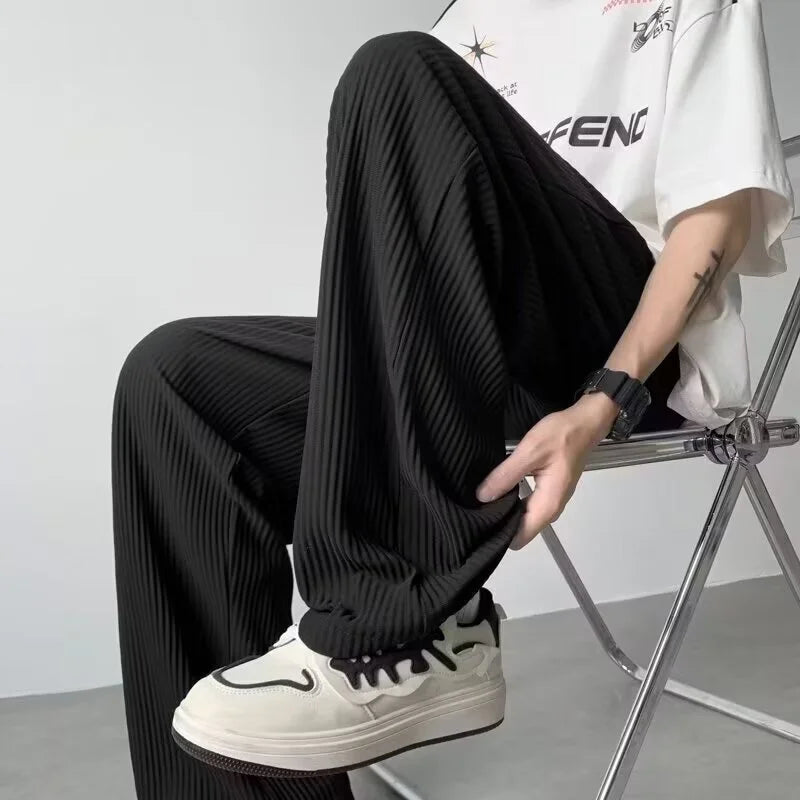 maoxiangshop Summer Texture Straight Pants For Men Korean Fashion Baggy Wide-leg Trousers Casual Drape Pleated Striped Y2K Pantalones Hombre