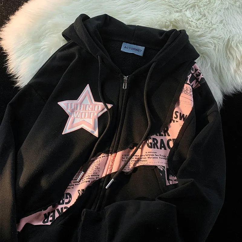 maoxiangshop1 Y2K Vintage Zip Up Hoodies Women Harajuku Hip Hop Letter Print Sweatshirts Gothic Streetwear Loose Patchwork Tops Coats