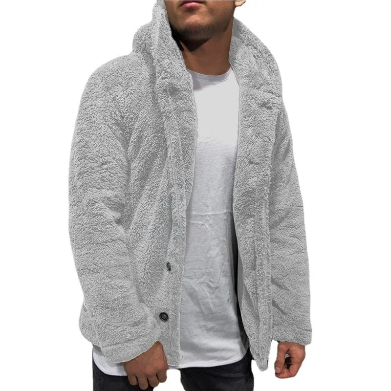 maoxiangshop Men's Teddy Bear Fleece Coat Cardigan Winter Warm Hooded Coat Fashion Solid Color Long Sleeve Pocket Button Hooded Warm Coat