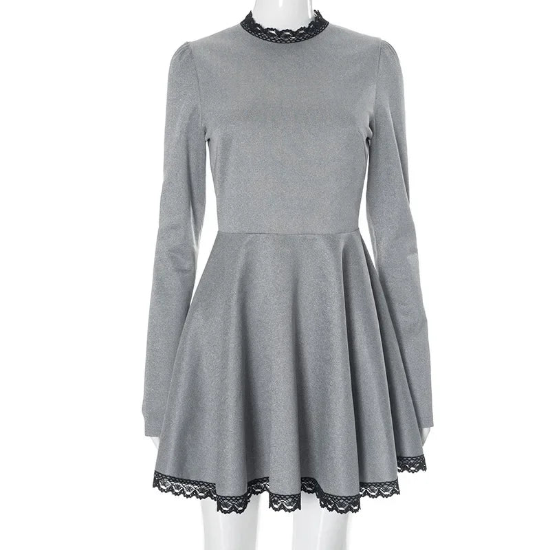 maoxiangshop - Lace Splice Elegant Mini Dress Female Autumn Winter New Contrast Color Office Woman Dress Long Sleeve High Waist Clothes