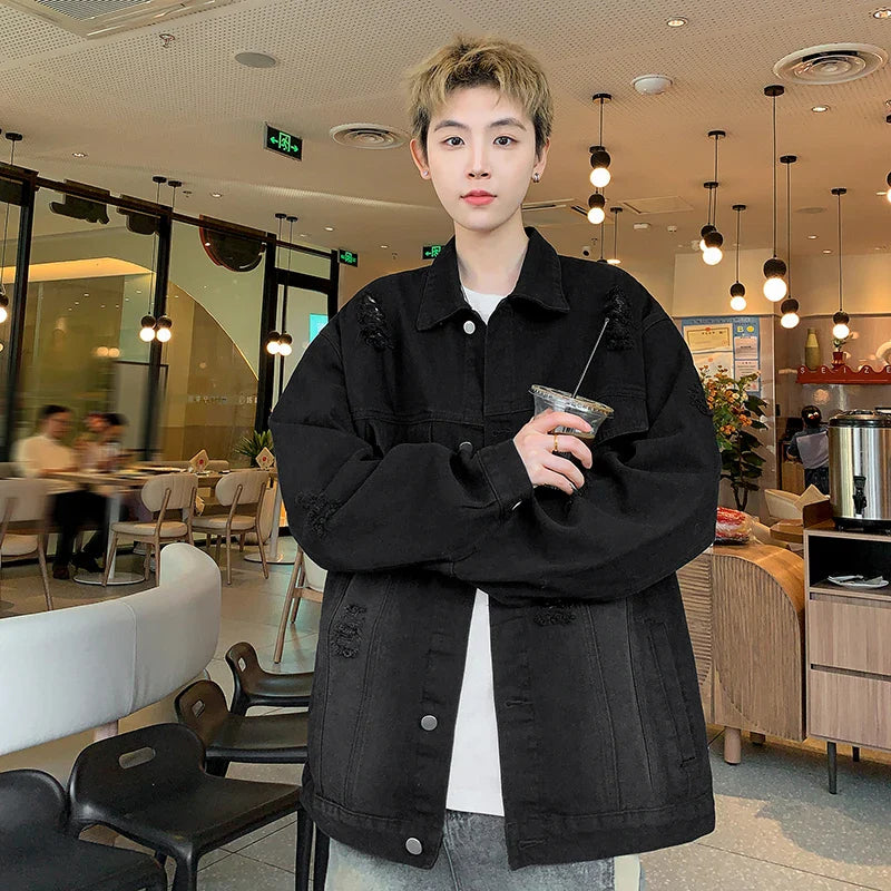 maoxiangshop FALL OUTFITS Denim Jackets Hip-hop Men's Streetwear Ripped Hole Jean Men Jackets Outerwear Denim Coats Turndown Collar Oversized Jacket