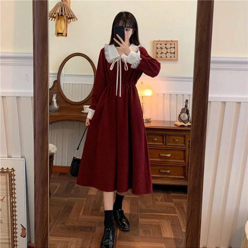maoxiangshop New Vintage Shirt Dress Women Autumn Spring Long Sleeve Robe Kawaii Lolita Elegant Midi Dresses Korean Fashion Vestido платье