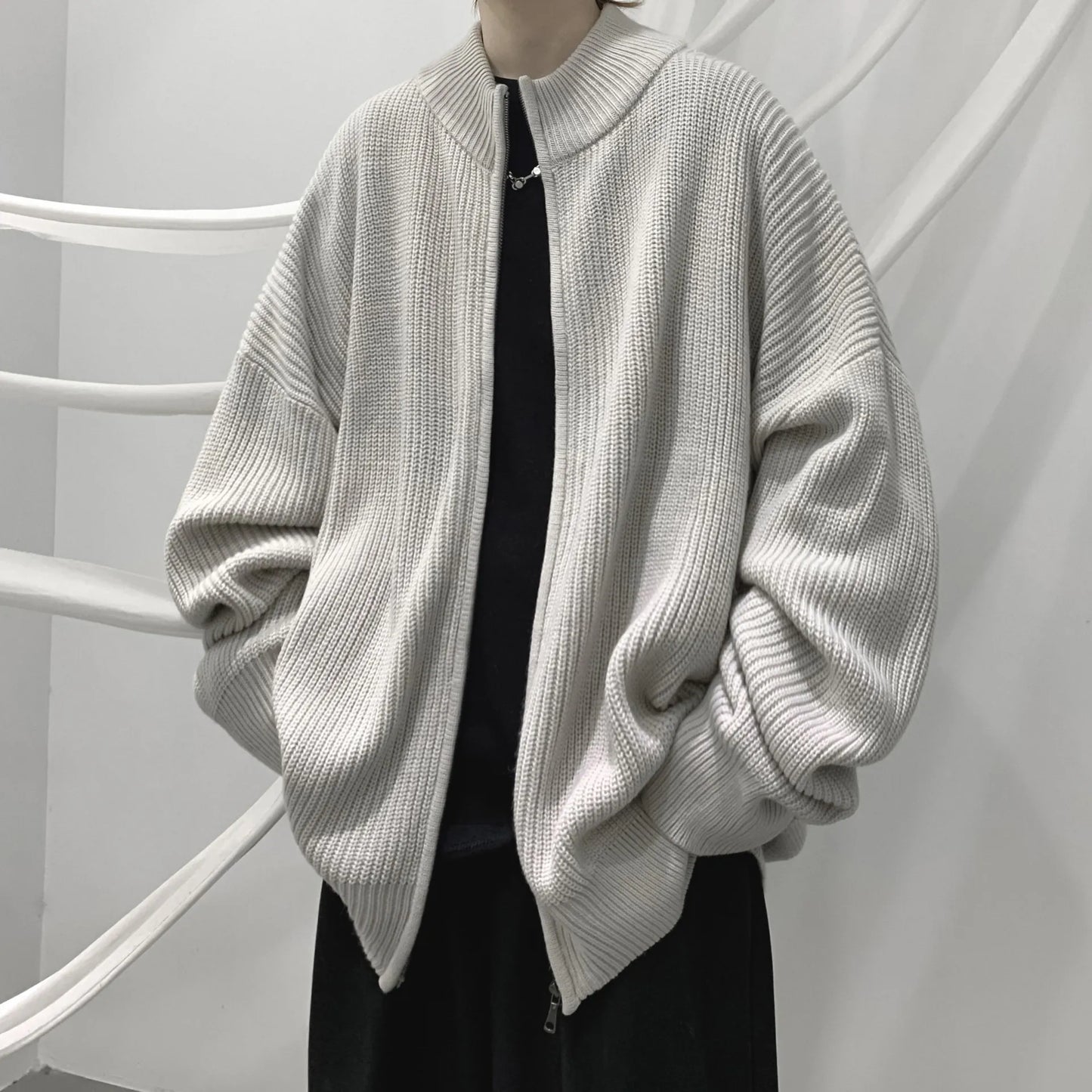 maoxiangshop New Korean Fashion Thick Knitted Cardigan Men Casual Zip Up Sweaters Long Sleeve Knitwear Slim Fitted Zipper Cardigans Male