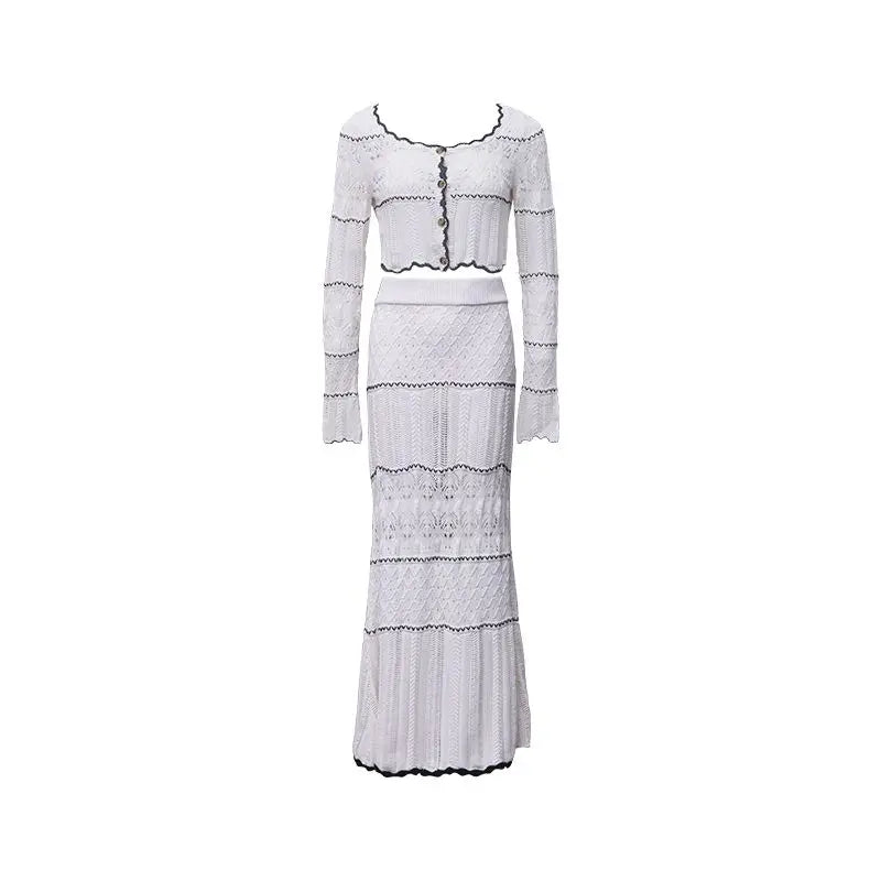 maoxiangshop - Sweet Hot Girl Suit Women's Autumn Slim O-Neck Knitted Cardigan High Waist Long Skirt Two-piece Set Fashion Female Clothes