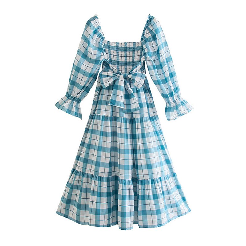 Jastie Vintage Plaid Cotton Summer Dress for Women Bow Tied Back Smocked Bust Midi Dress New Boho Beach Dress Female Vestidos