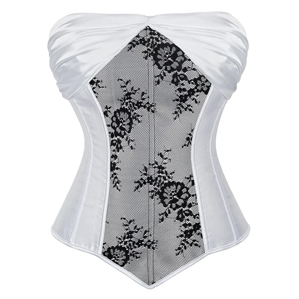 maoxiangshop - Woman Corset Vintage Satin Corsets Floral Lace Up Bustier Gothic Exotic Bustiers Romantic Bridal Outfit Medieval Party Costumes
