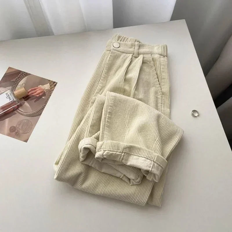 maoxiangshopRetro High Waist Corduroy Pants Women Spring Fall Straight Causal Full Length Trousers Korean Fashion Baggy All Match Black Pant