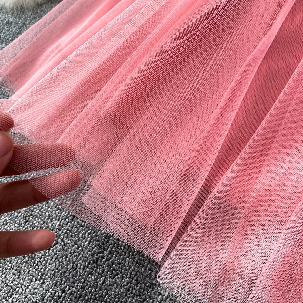 maoxiangshop Sweet Women Mini Skirt Mesh Solid Tierred Ruffles Elastic Waist Women's Clothing Almighty A-line Tulle Skirts Summer