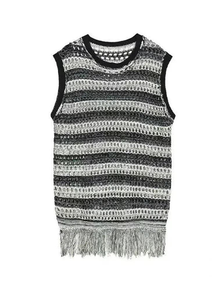 maoxiangshop Striped Mesh Vest for Men Vintage Knit Tank Tops Sleeveless Tee Male Casual Summer Beach Japanese Streetwear Hip Hop