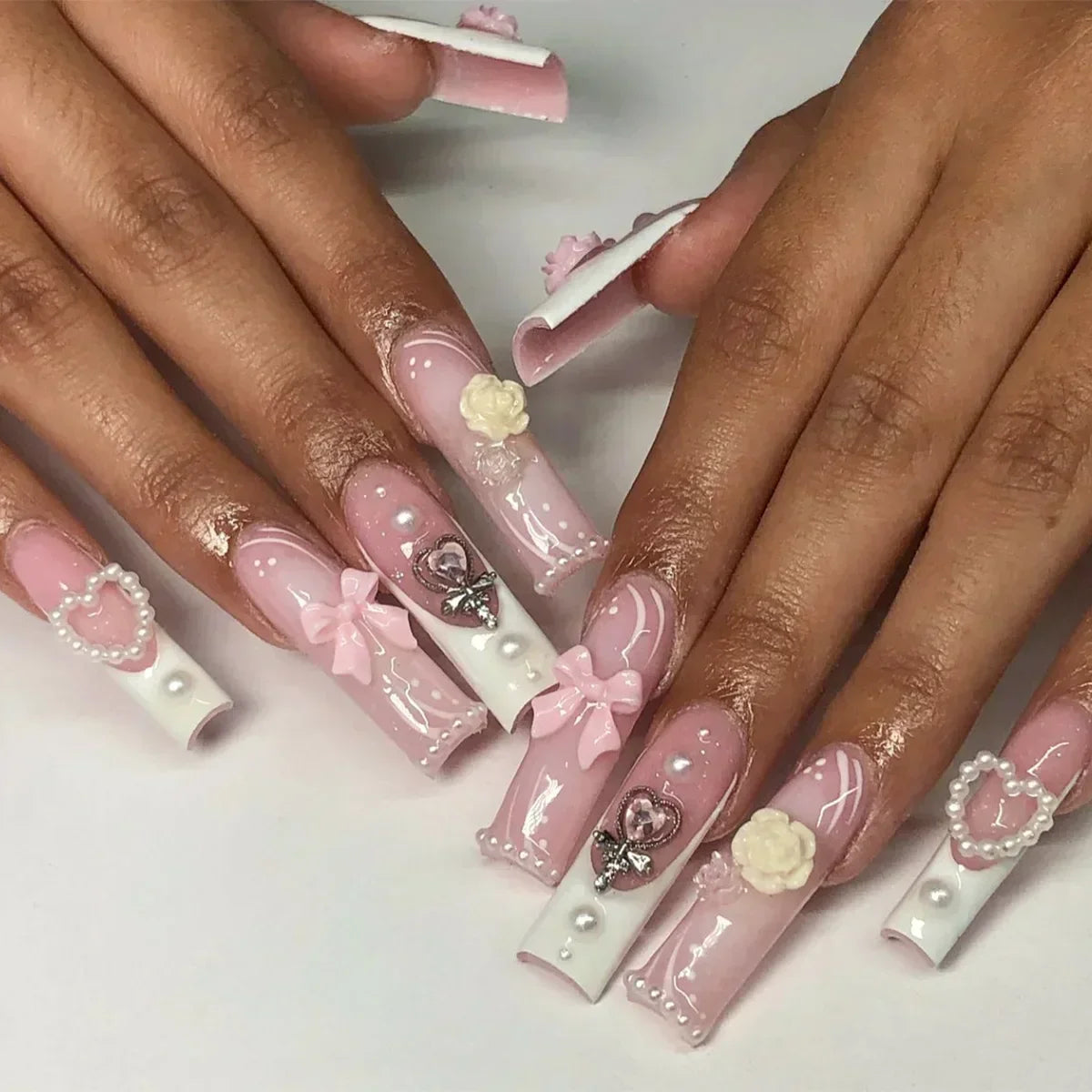 maoxiangshop 24Pcs Coffin False Nails Purple Butterfly Designs Fake Nails with Shiny Rhinestone Wearable French Full Cover Press on Nails