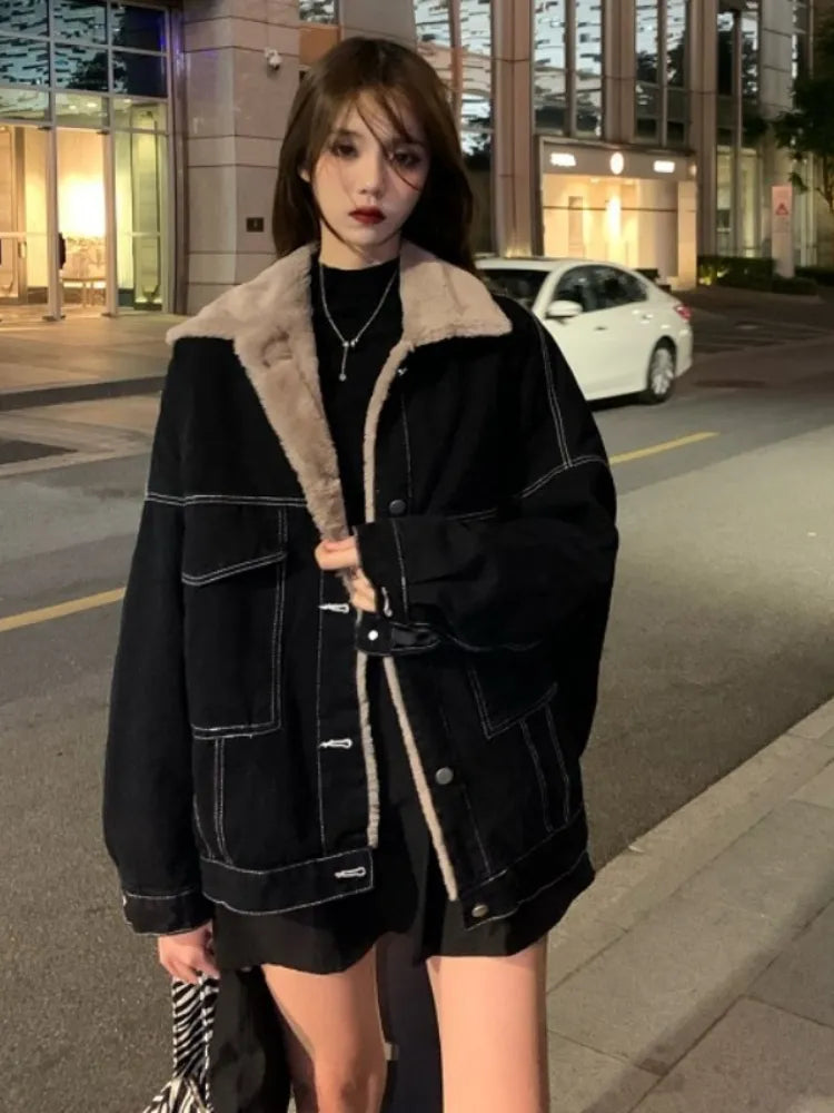 maoxiangshop1 New Korean Fashion Winter Women Coat Warm Lapel Denim Thick Jacket Casual Work Clothes Cotton Padded Jackets for Women Tops
