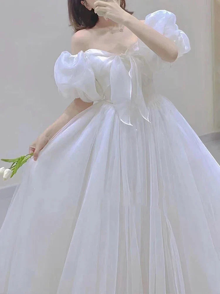 maoxiangshop White Wedding Dress Women Fairy Princess Dress Female Fashion Evening Party Dress Ladies Summer Elegant Puff Sleeve Long Dress