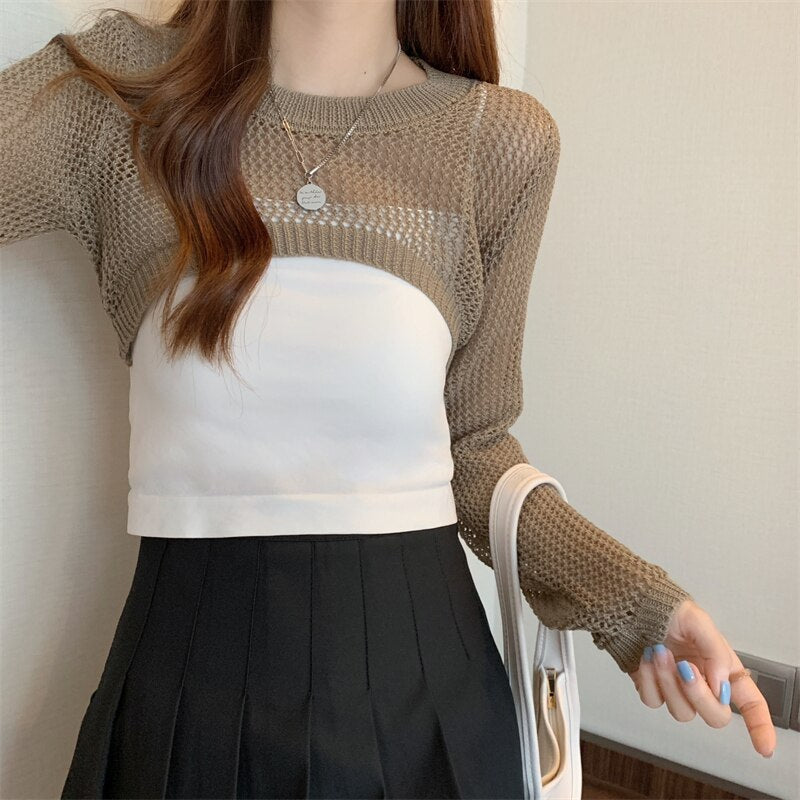 maoxiangshop New Women Solid Sweater O-Neck Cropped Sweater Pullover Crop Top Female Short Sleeve Hollow Out Super Cropped Sweaters Shirts