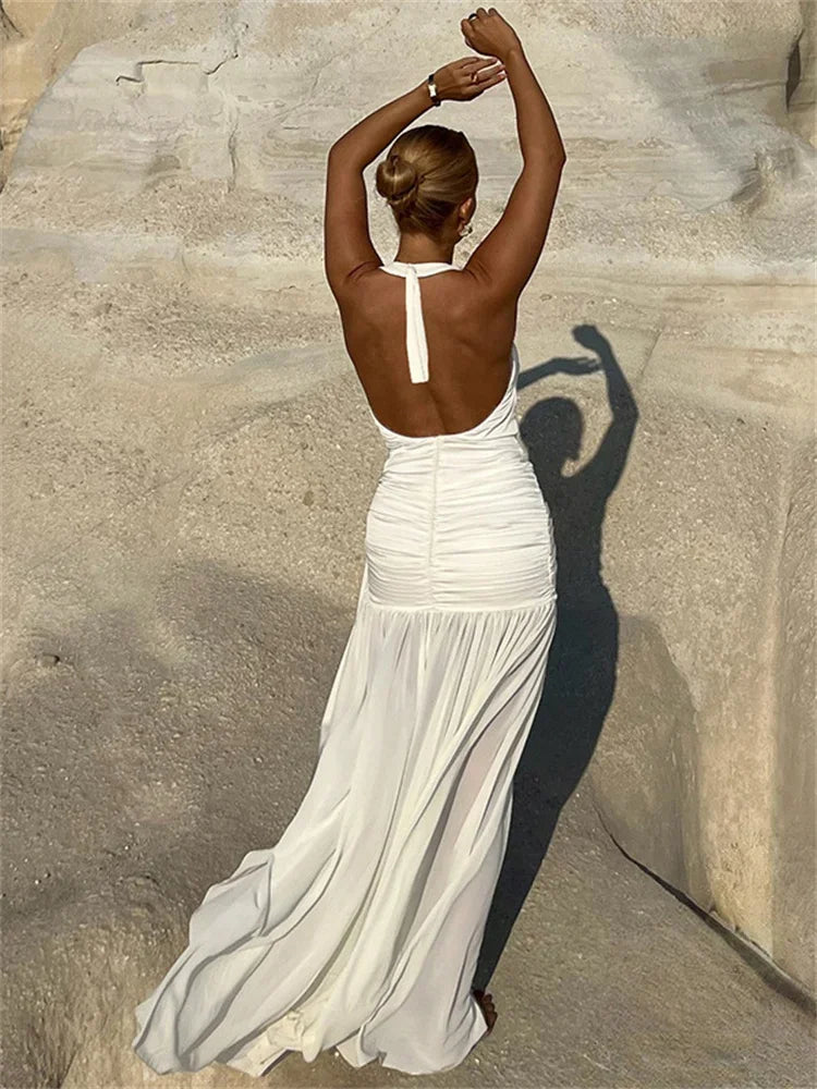 maoxiangshop - V-Neck Backless Lace-Up Long Dress Women's Ruffled Patchwork Sexy Bandage High Waist Solid Dress Ladies Autumn Maxi Dress