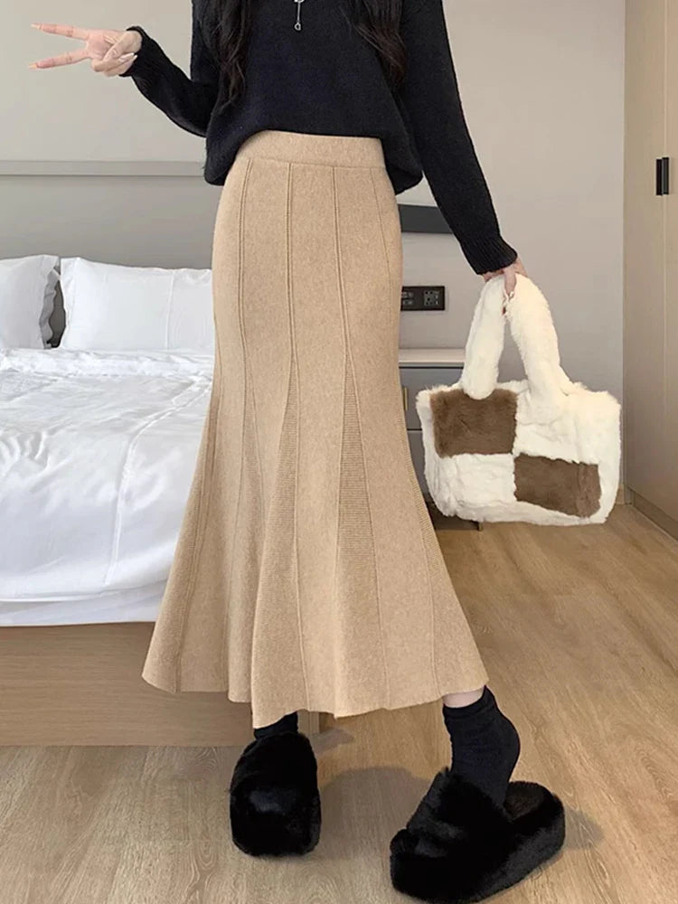 maoxiangshop Knitted Long Skirt for Women Fashion Korean Autumn Winter Ankle-Length Casual Slim Midi Skirt Solid Elegant Women's Skirts