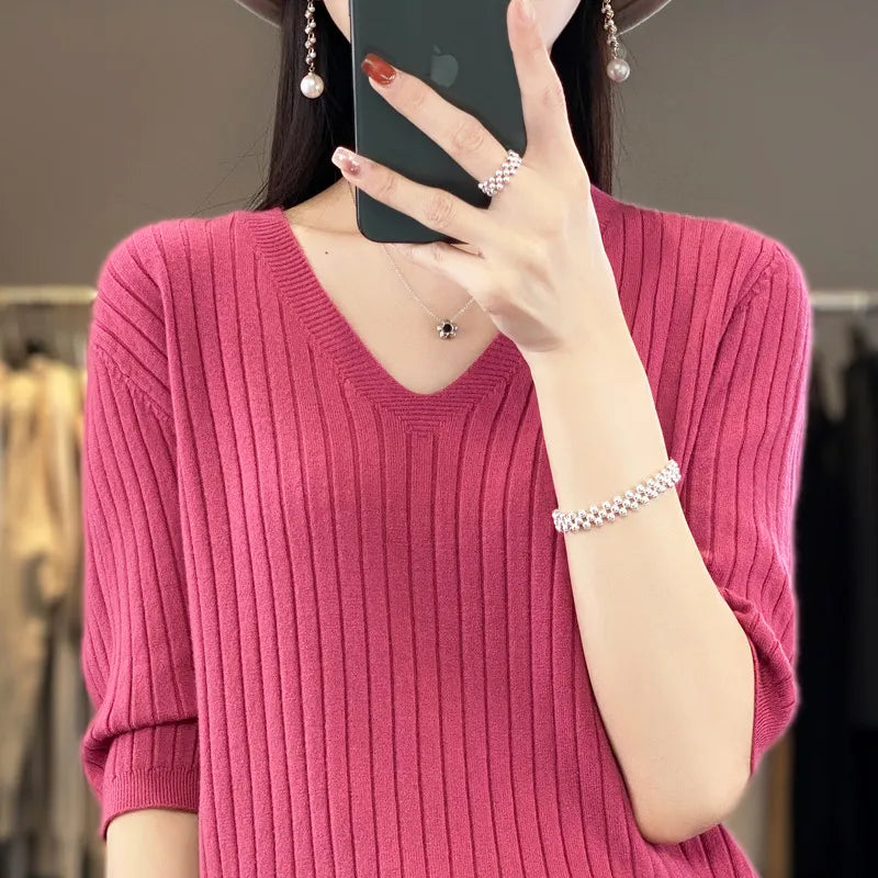 Women Sweater Short Sleeve V-neck Stripe Knitwears Slim Fit Shirt Korean Fashion Pullovers Thin Knit Tops 2023 Bottoming Shirts