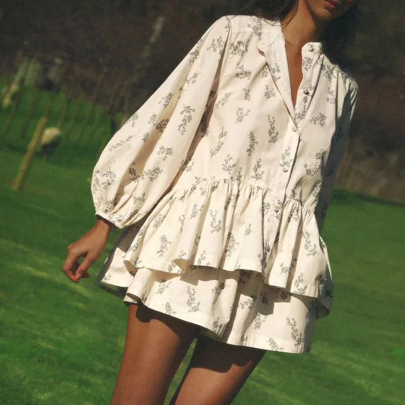 maoxiangshop - Print Shorts Suit Women's Chic Puff Sleeve Ruffled Splice T-Shirt Loose Shorts Matching Set Female Fashion Autumn Outfits