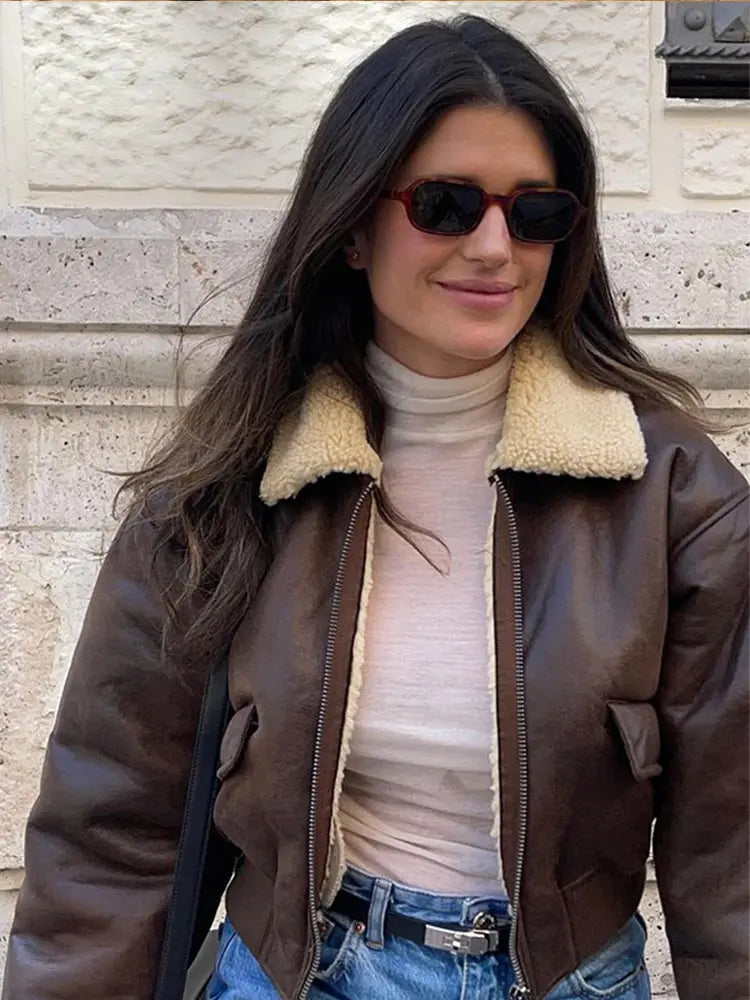 maoxiangshop - Chic Long Sleeve Lapel Double Side Motorcycle Coat Fashion Warm Pocket Zipper Jackets Autumn Winter Woman High Street Coats