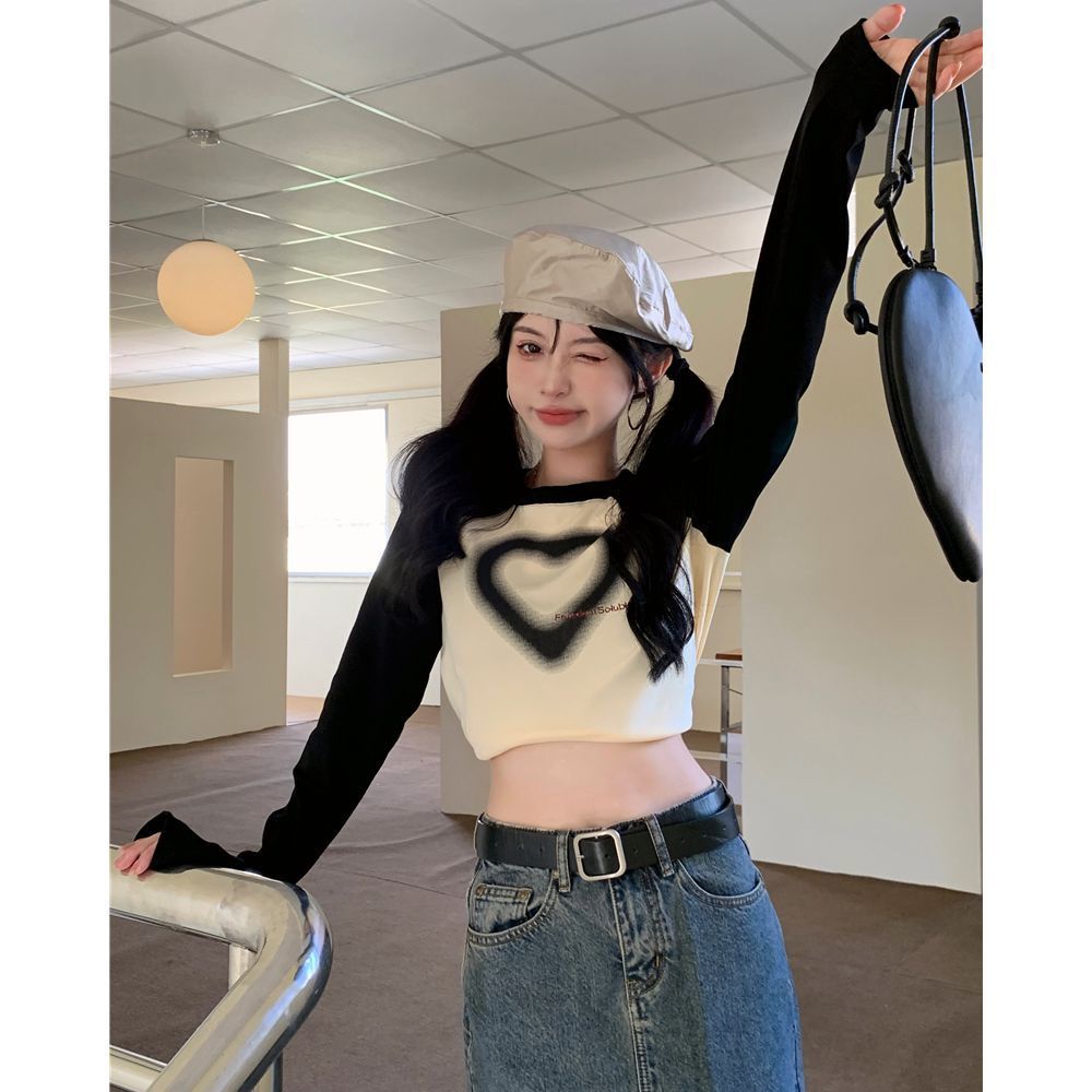 Vintage Slim Long Sleeve T Shirts Women Y2K Harajuku Heart Print Crop Tops Kpop Grunge Casual Patchwork Aesthetic Tees