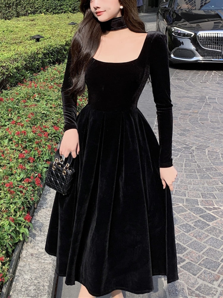 maoxiangshop Velvet Elegant Evening Party Midi Dresses Ladies Black France Vintage Dress Women New Winter Korean One-piece Dress Autumn