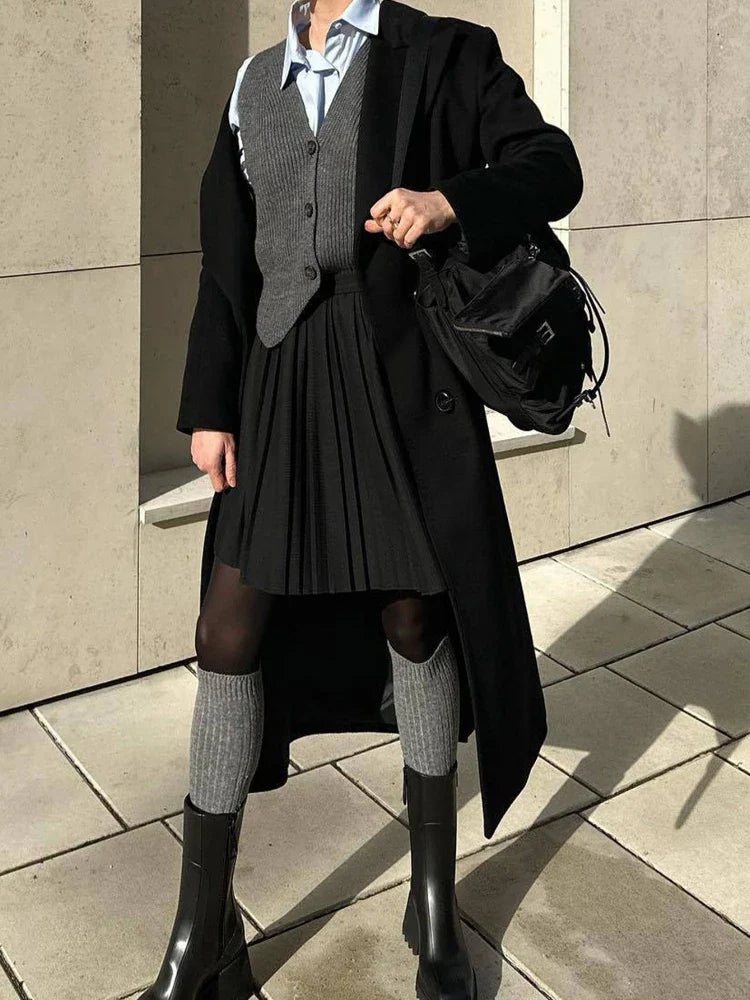 maoxiangshop - Basic Knitwear Sweater Vest Grey Sleeveless Button Up V-neck Jumpers Office Ladies England Style Autumn Winter Tops Chic
