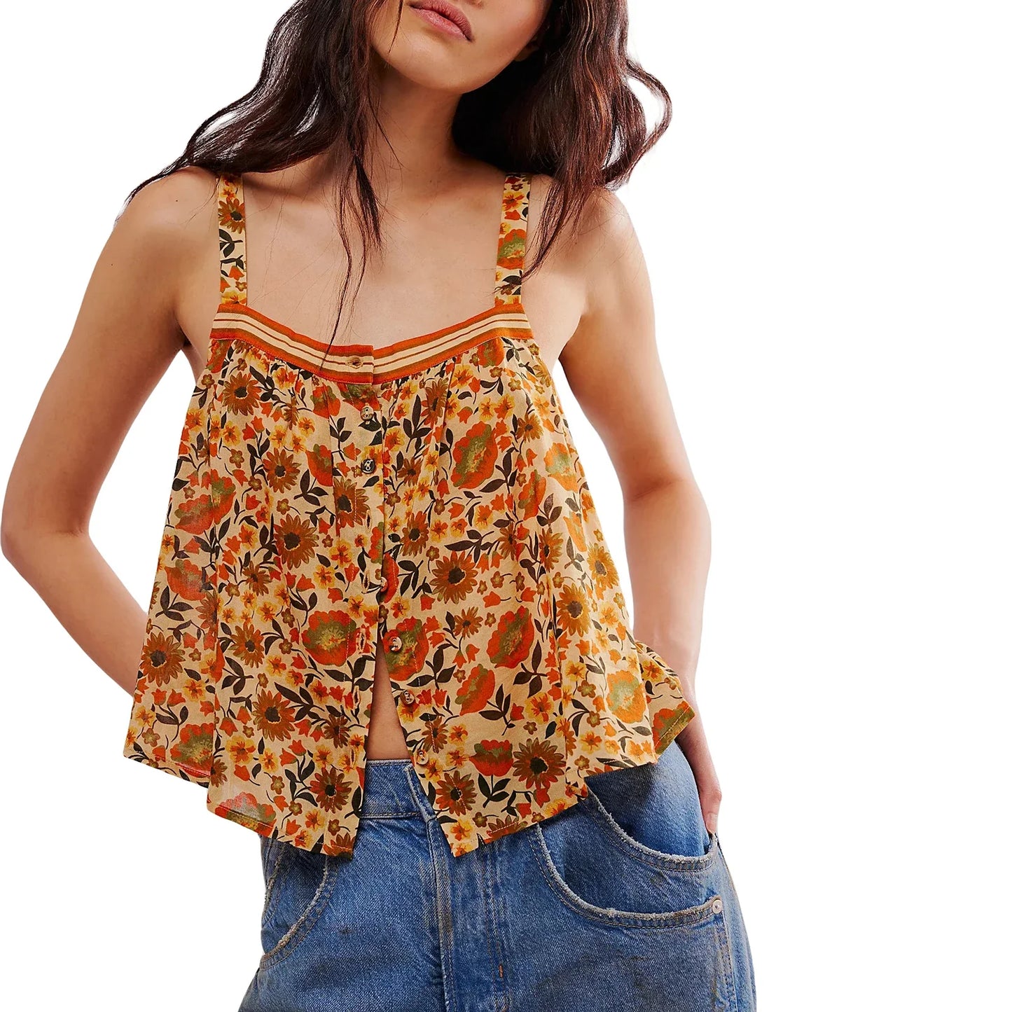 maoxiangshop - Womens Summer Bohemian Cute Tank Tops Casual Chic Floral Print Sleeveless Front Button-down Basic Y2K Vest Streetwear