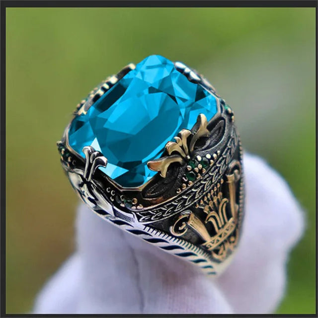 maoxiangshop Retro Handmade Turkish Signet Rings for Men Ancient Silver Color Carved Ring Mystic Zircon Inlay New Punk Motor Biker Ring