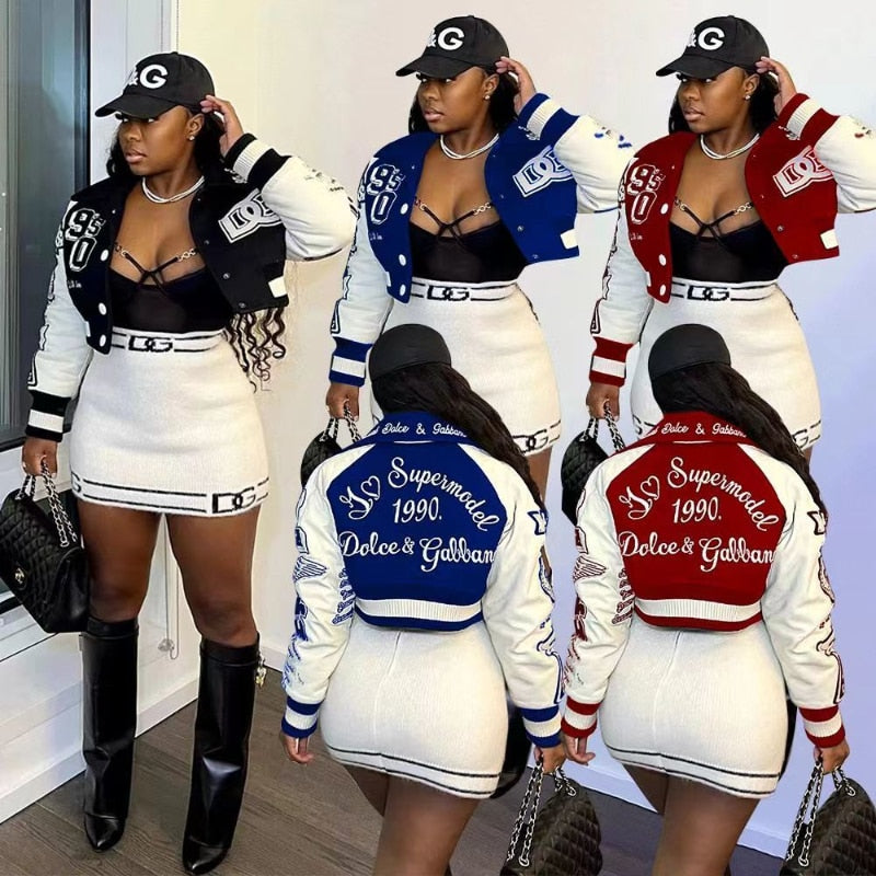 Varsity Bomber Jacket Women Baseball Fashion Spring And Autumn Jackets Long Sleeves Patchwork Button Black Crop Top Jacket Coat