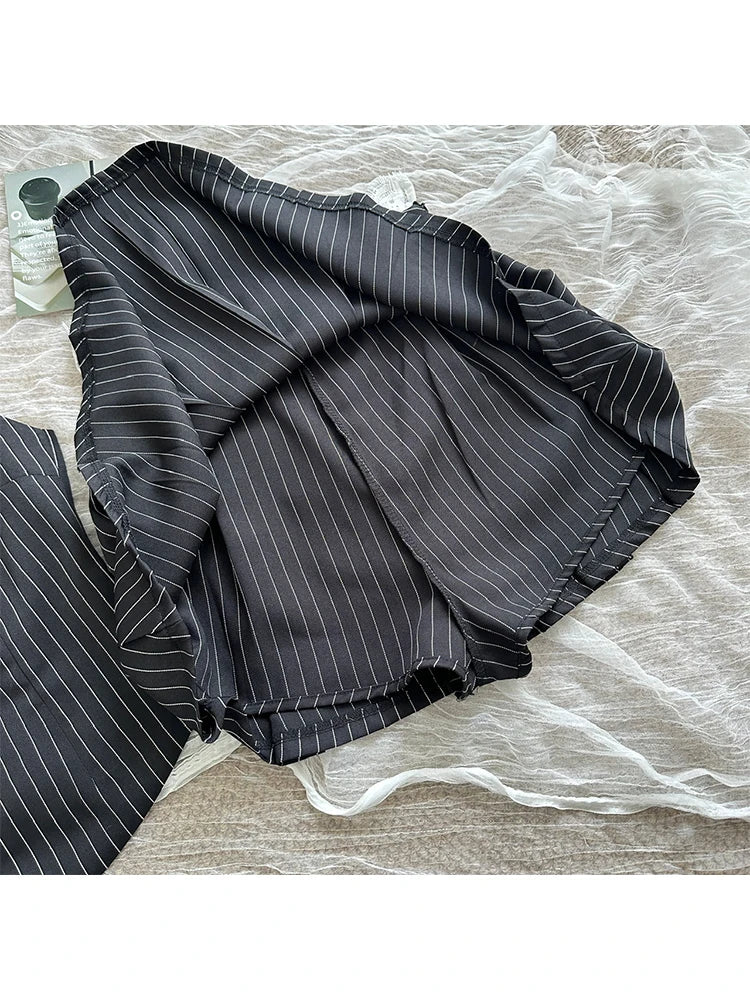 maoxiangshop - Women Old Money 2000s Aesthetic Cutecore Y2k Korean Fashion Outfits 2 Piece Set Striped Lace Vest + Hot Mini Pleated Skirts