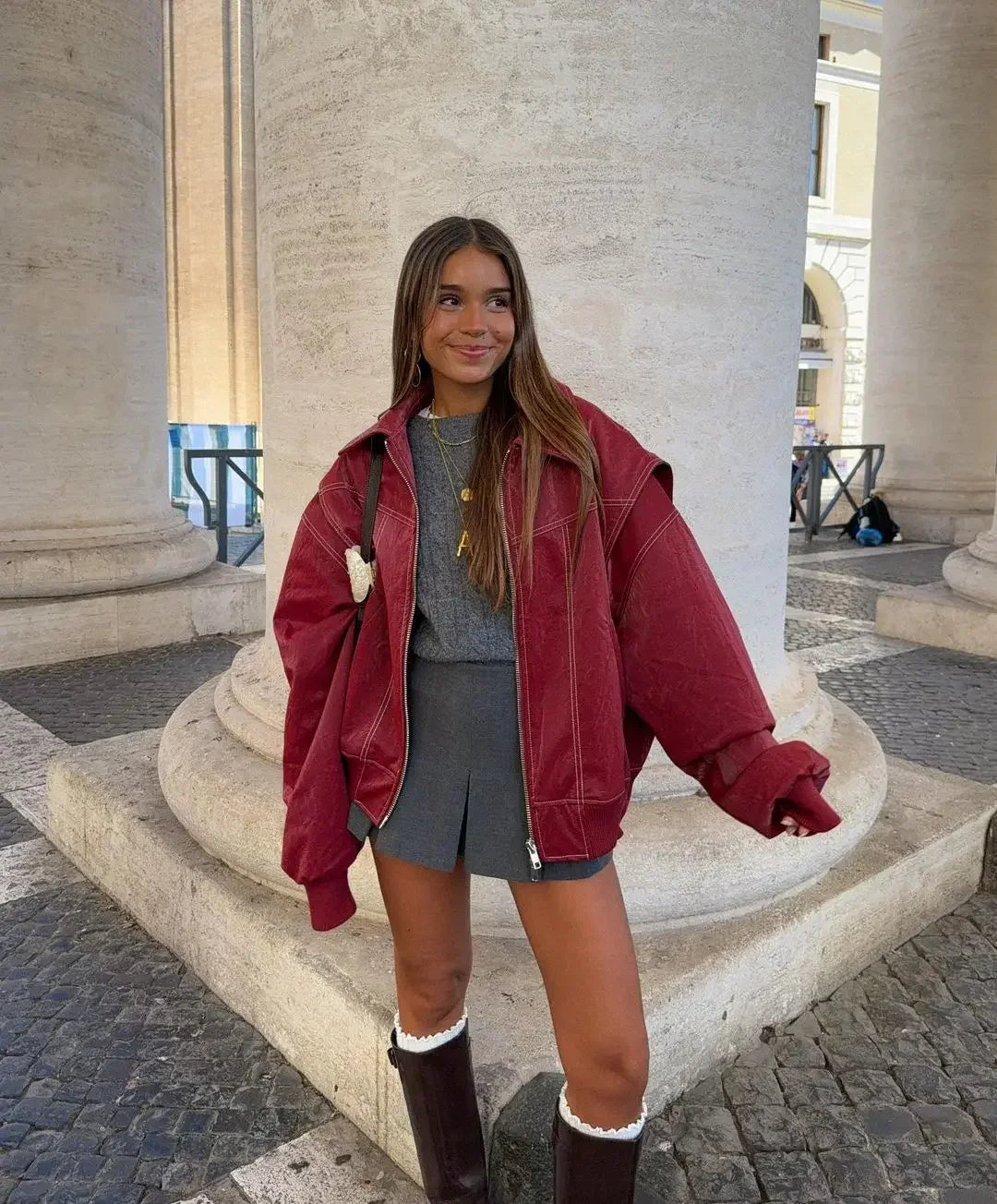 maoxiangshop - Chic Wine Red Leather Contrast Stitch Jacket Fashion Oversized Zipper Long Sleeve Women Coat 2024 Autumn Casual Office Outerwear